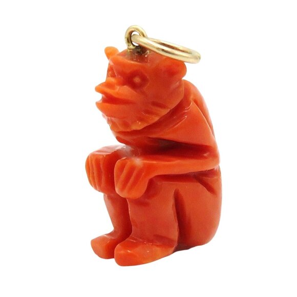 Vintage 14K Gold Carved Coral Grotesque Demon Amulet Charm Pendant 1930s - Picture 2 of 10